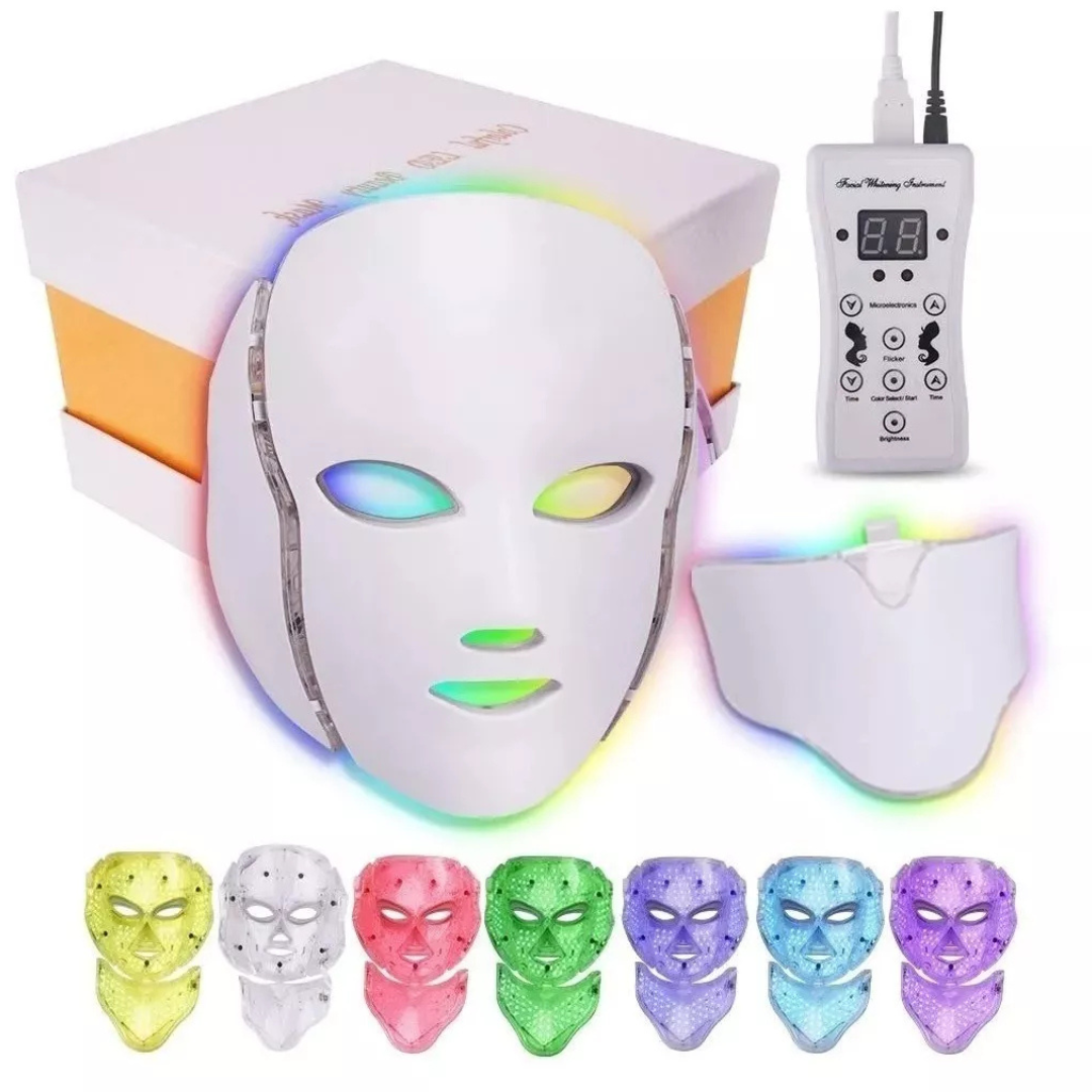 Máscara LED en uso en rostro y cuello