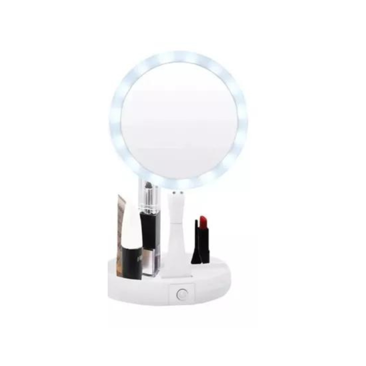 Espejo de maquillaje LED plegable con base organizadora